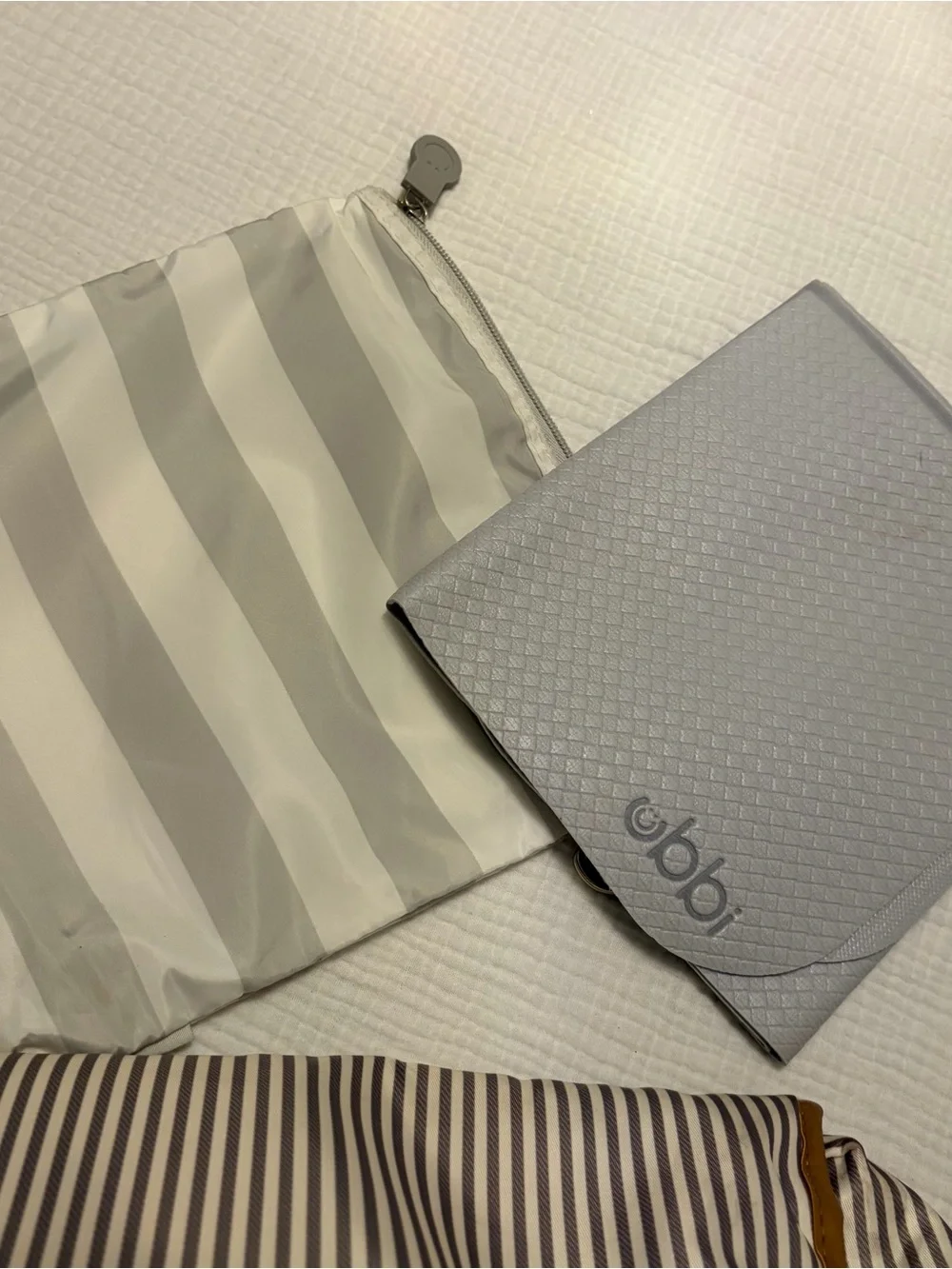 Skip Hop Grey & Cream Striped Gender Neutral Diaper Bag w Ubbi Changing Pad
